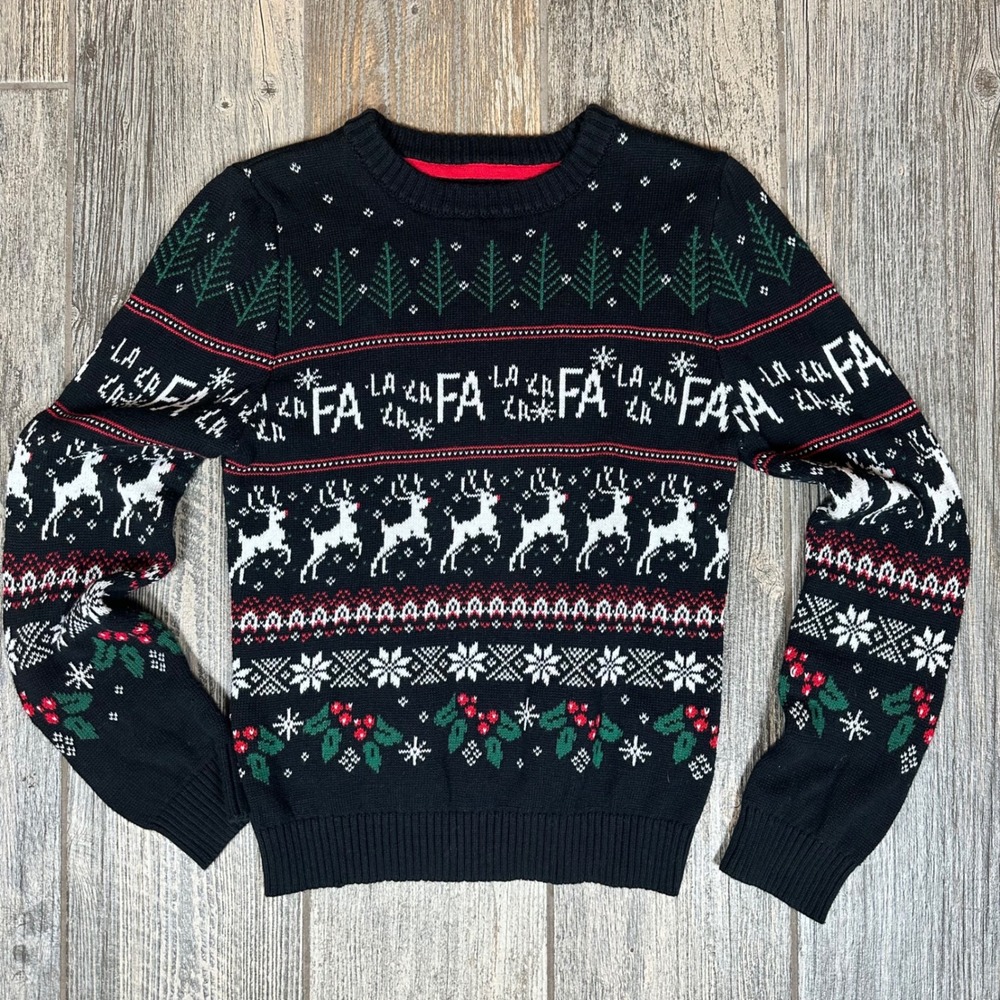Christmas Sweater  Black La La Fa Reindeer Trees Holiday Size M 10/12‎